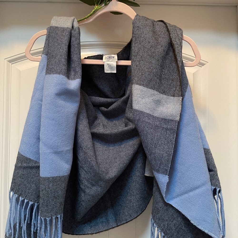 JCrew (multi colors of blue) Cape Scarf Wrap with med. blue fringe. Like new.